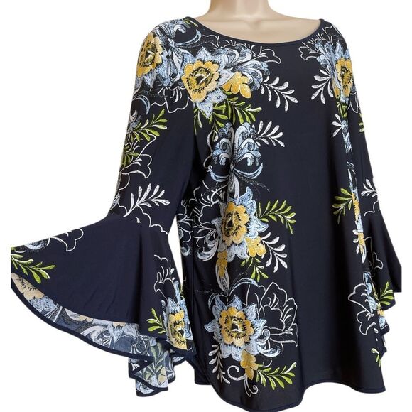 Coco Bianco Bell Sleeve Tunic in Blue and yellow XL silky soft - Picture 2 of 6